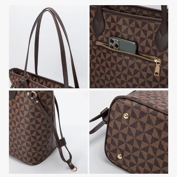 Elegant Brown Patterned Tote Bag with Pouch - Picture 4 of 7